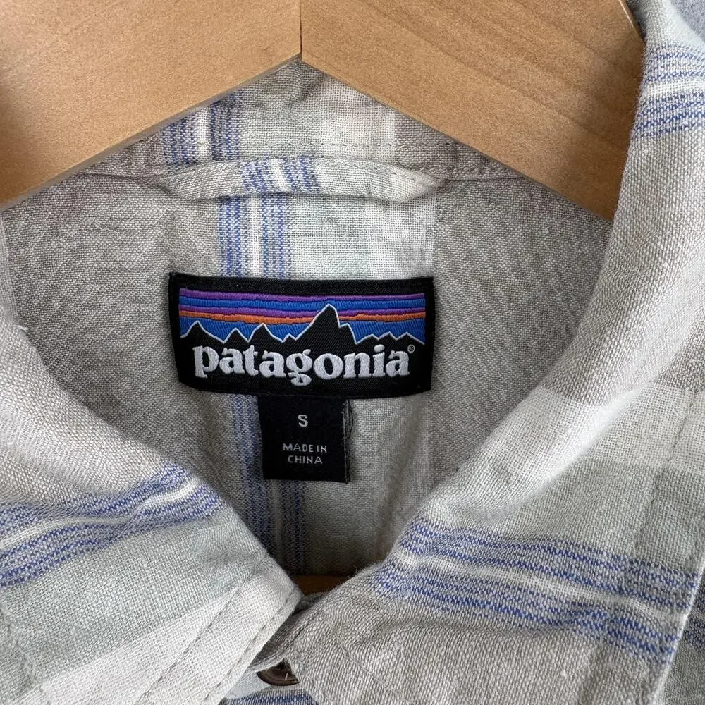 Patagonia Back Step Shirt Small Beige Stripe Short Sleeve Button Up Hemp Cotton - Picture 3 of 10
